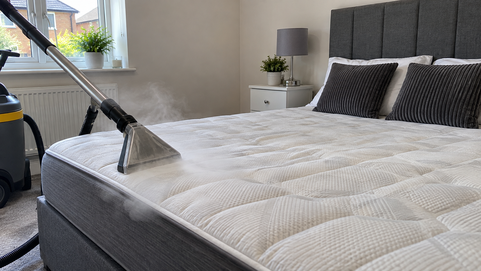 Mattress being professionally steam cleaned