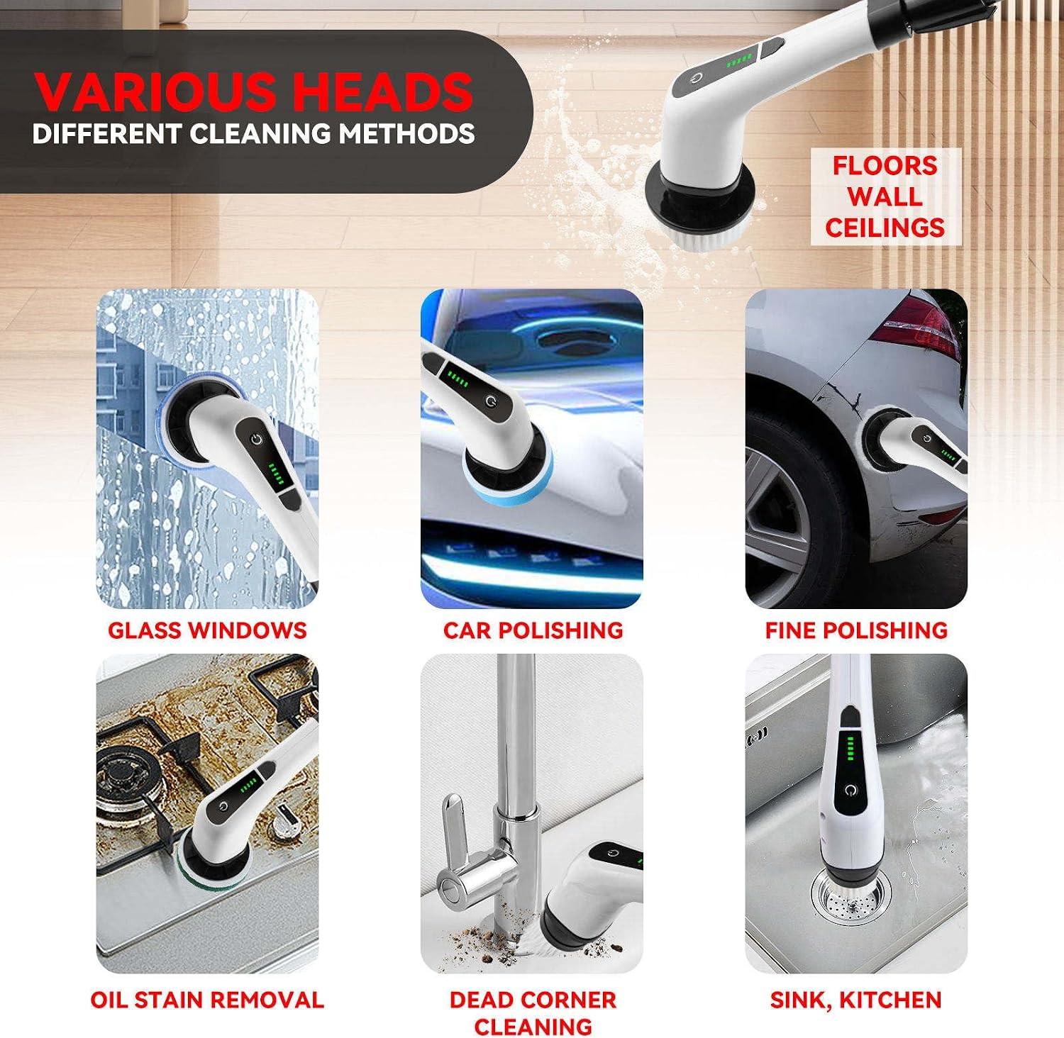 Additional view of Jemadi Cordless Electric Spin Scrubber – 8 Cleaning Heads